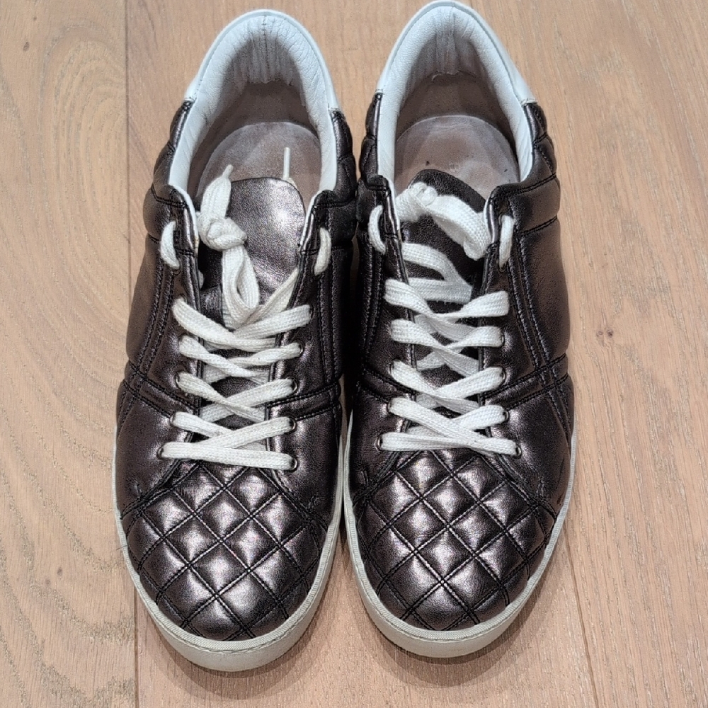 Burberry Quilted Metallic Black Leather Sneakers with White Laces
